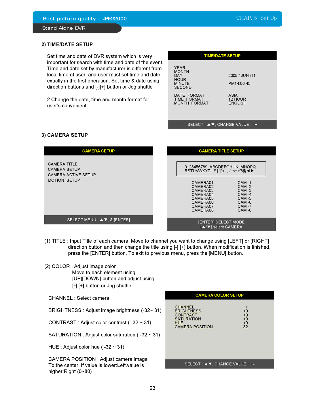 Maxtor 16Channel Stand Alone DVR manual TIME/DATE Setup, Camera Setup 