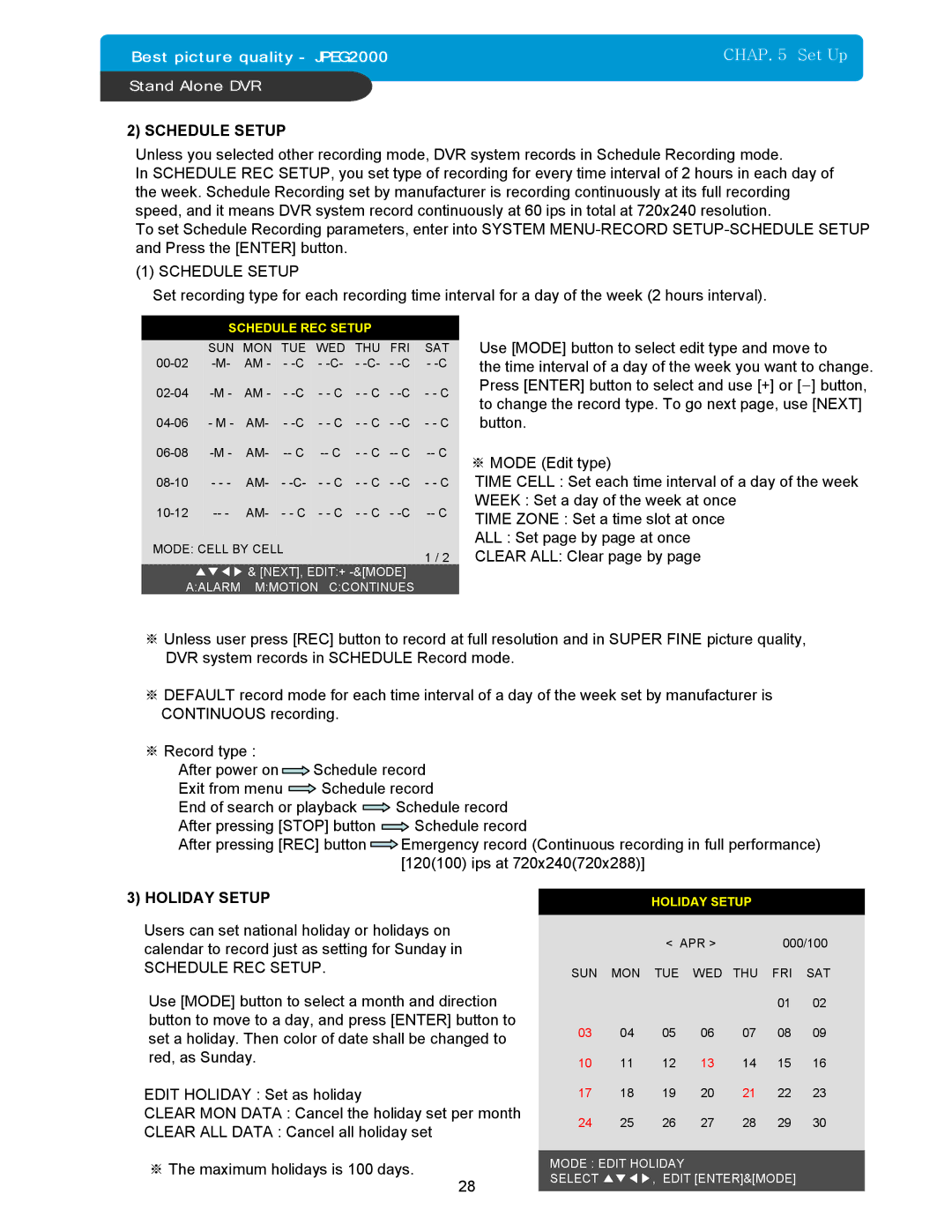 Maxtor 16Channel Stand Alone DVR manual Schedule Setup, Holiday Setup, Schedule REC Setup 