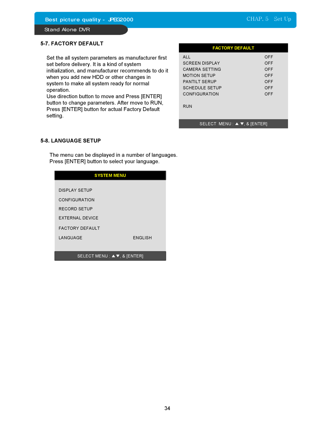 Maxtor 16Channel Stand Alone DVR manual Language Setup, Factory Default 