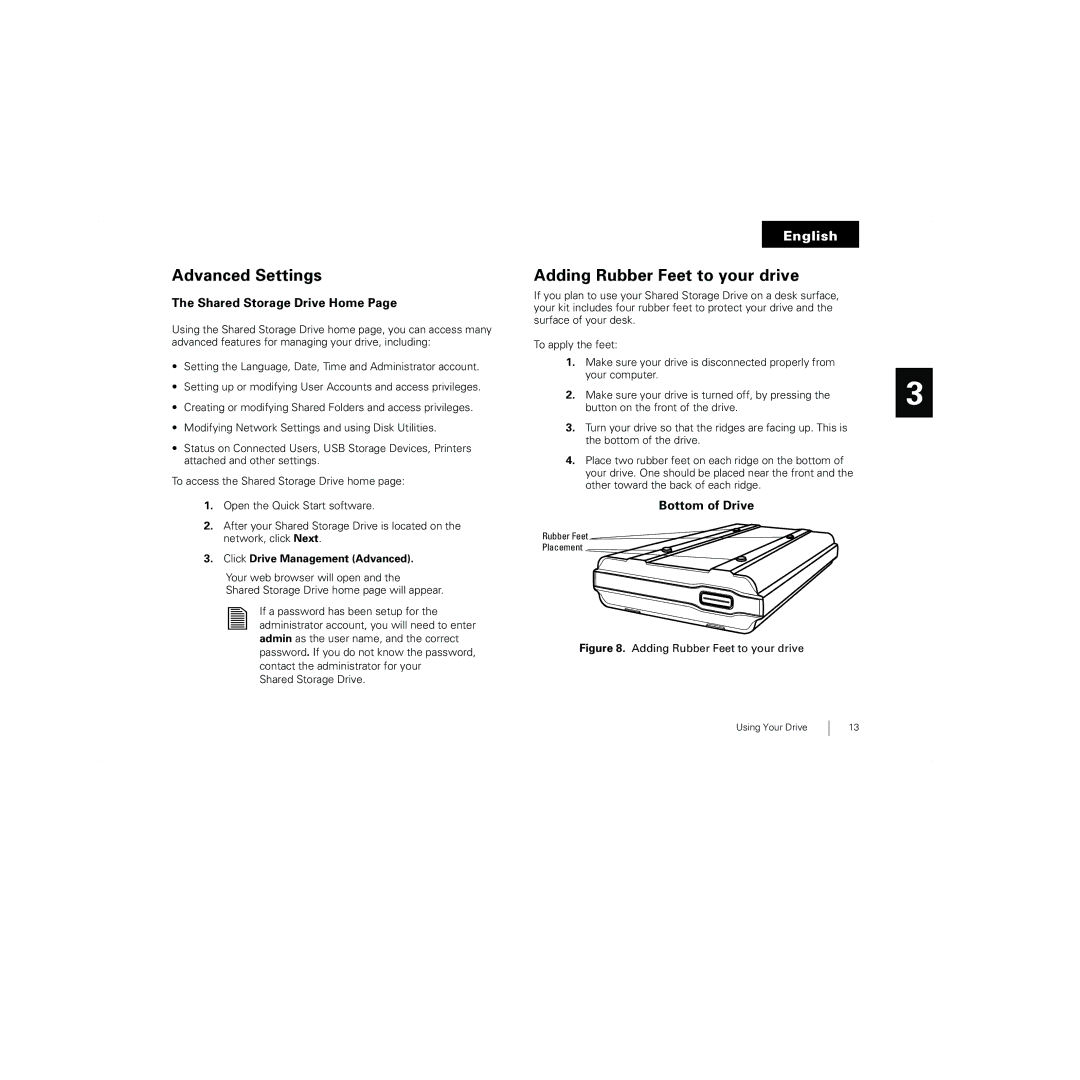 Maxtor 20274700 warranty Advanced Settings, Adding Rubber Feet to your drive, Shared Storage Drive Home, Bottom of Drive 