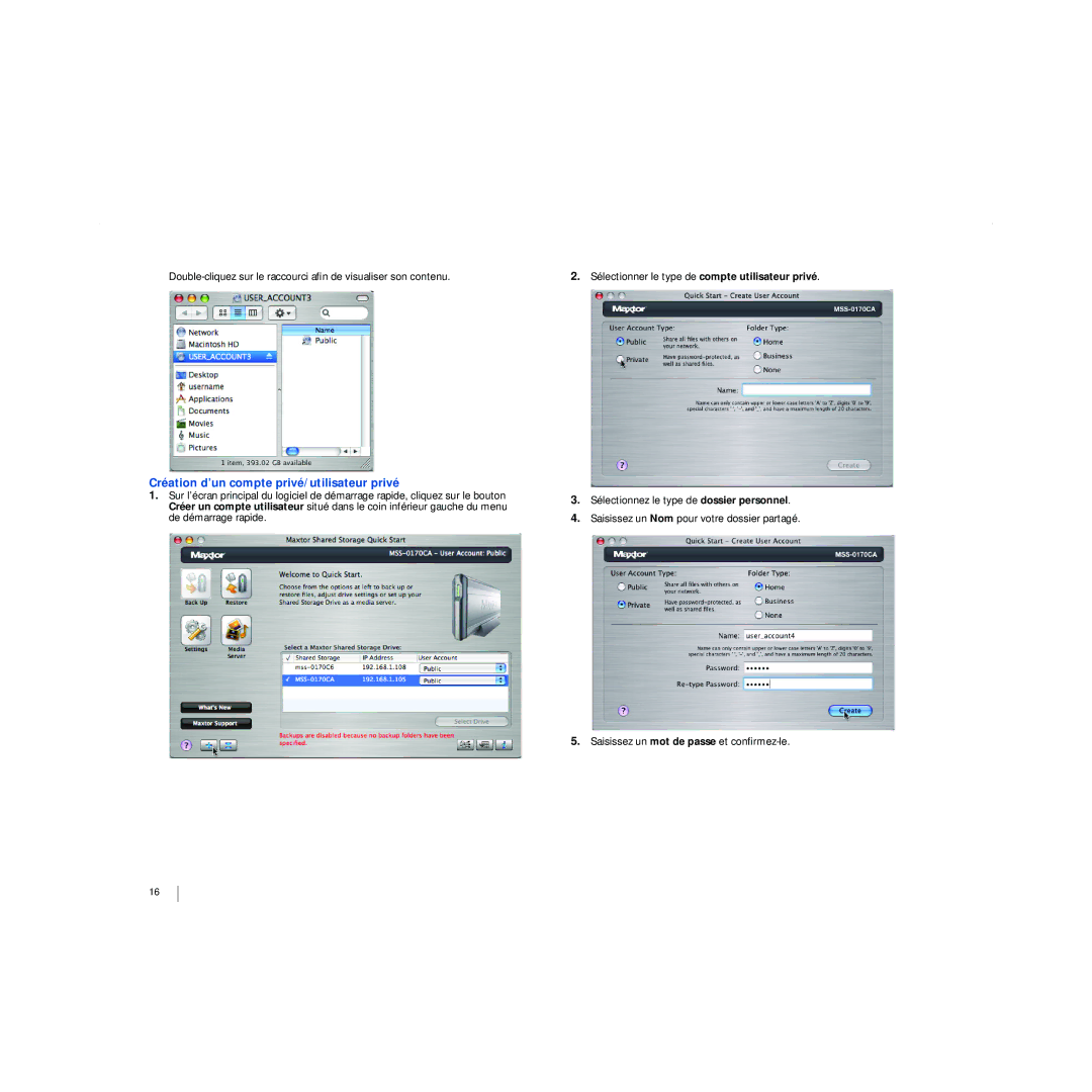 Maxtor 20297501 manual Création d’un compte privé/utilisateur privé 