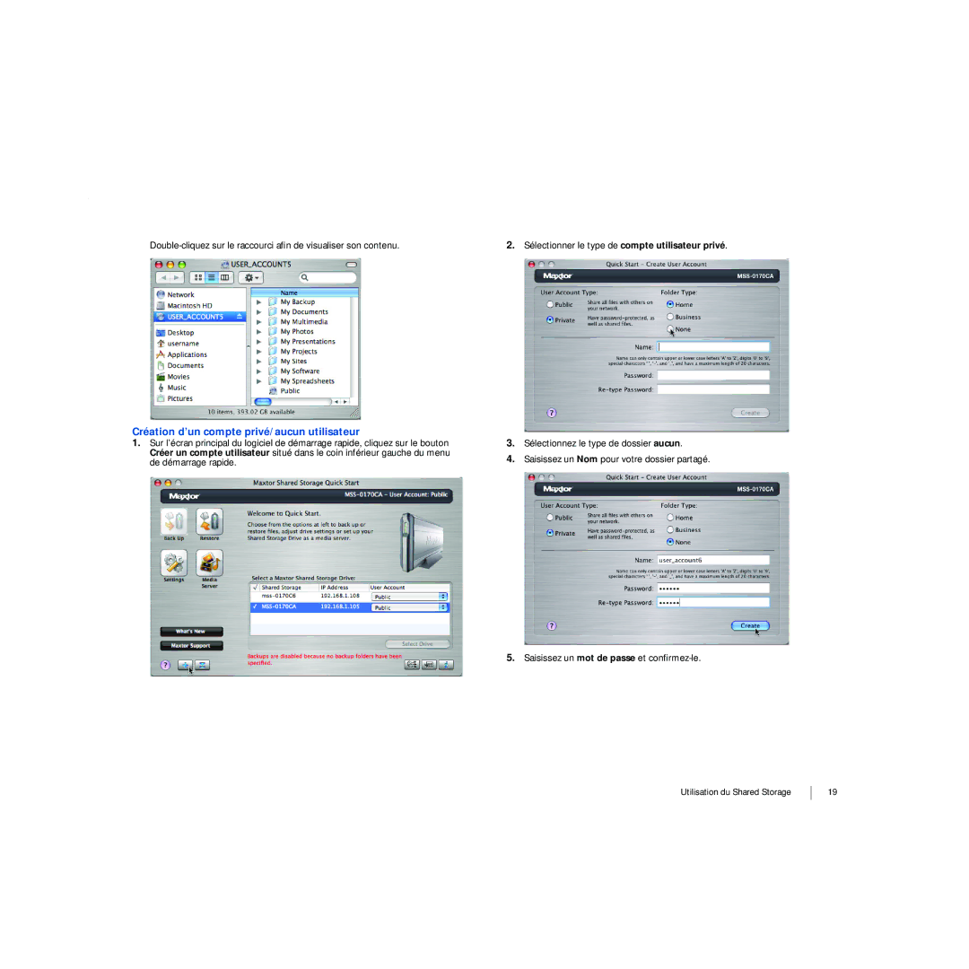 Maxtor 20297501 manual Création d’un compte privé/aucun utilisateur 