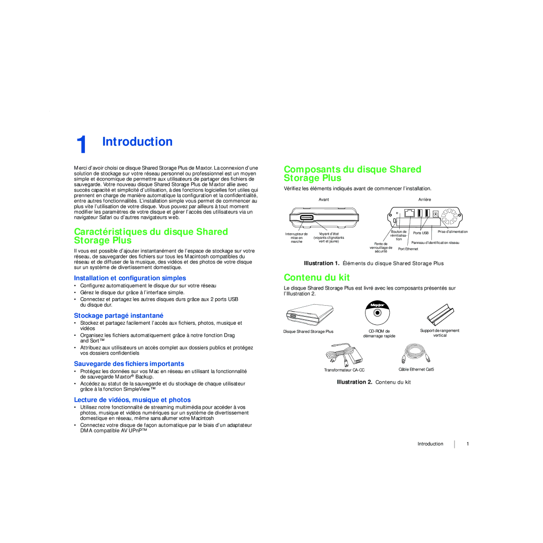 Maxtor 20297501 Caractéristiques du disque Shared Storage Plus, Composants du disque Shared Storage Plus, Contenu du kit 