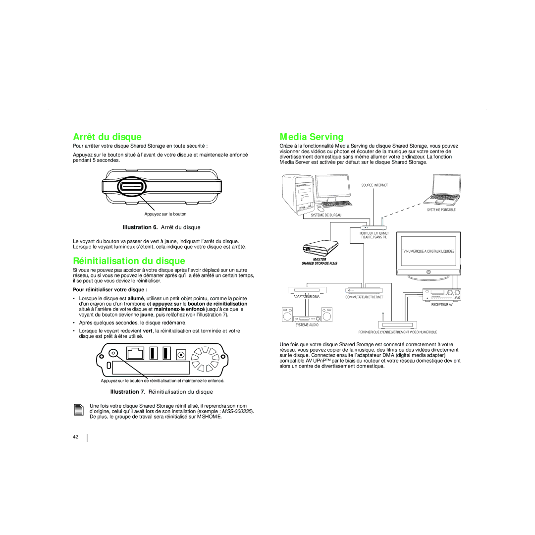 Maxtor 20297501 manual Arrêt du disque, Réinitialisation du disque, Media Serving, Pour réinitialiser votre disque 