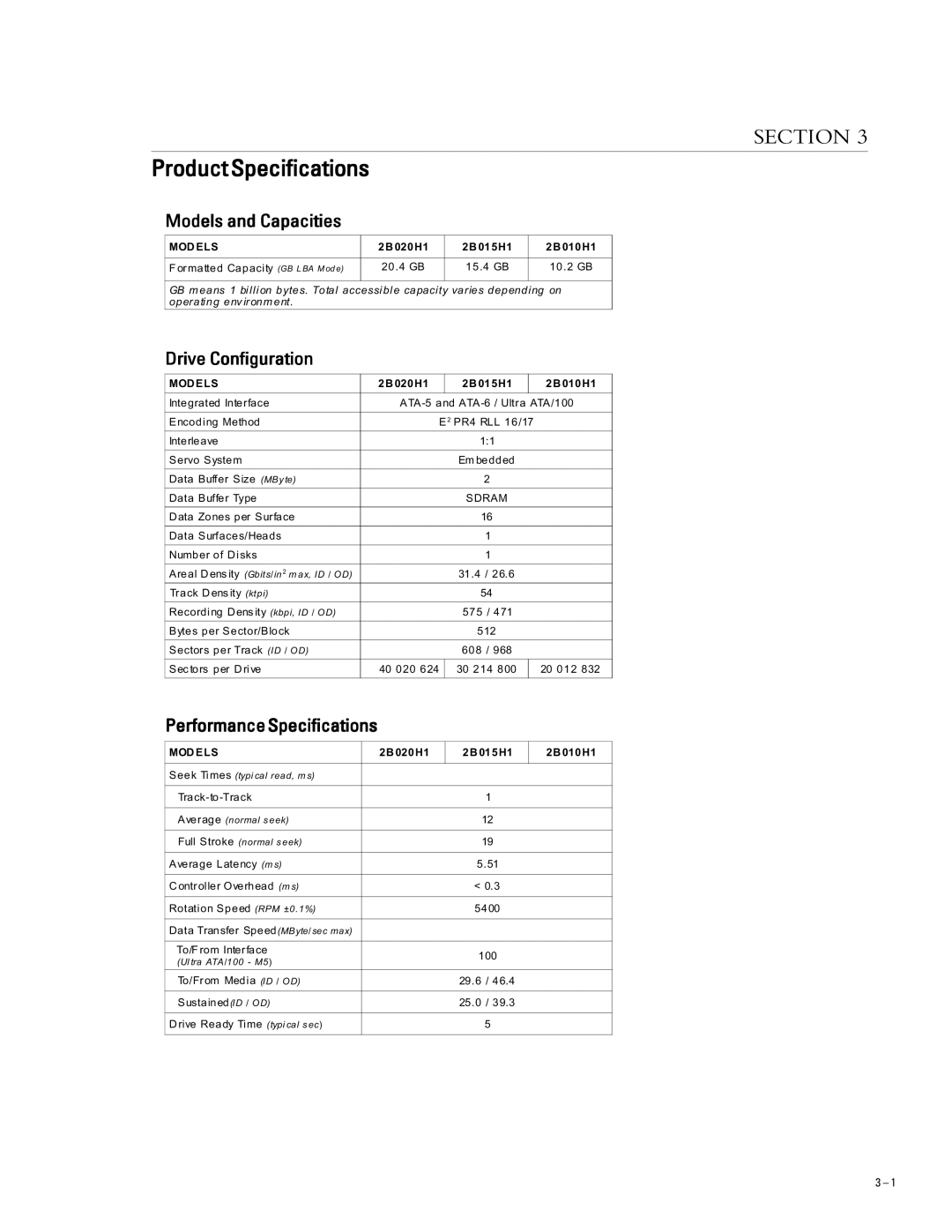 Maxtor 2B015H1 manual ProductSpecifications, Models and Capacities, Drive Configuration, PerformanceSpecifications, Mod Els 