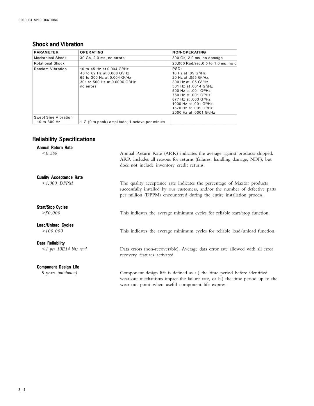 Maxtor 2B015H1, 2B010H1, 2B020H1 Shock and Vibration, Reliability Specifications, Param Eter Oper AT ING ON- Oper AT ING 