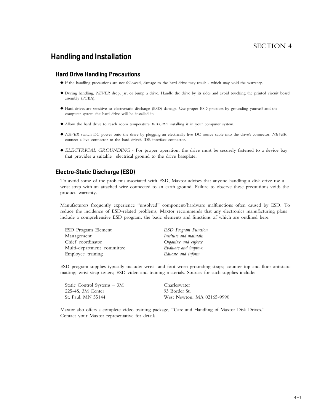 Maxtor 2B020H1, 2B015H1, 2B010H1 HandlingandInstallation, Hard Drive Handling Precautions, Electro-Static Discharge ESD 