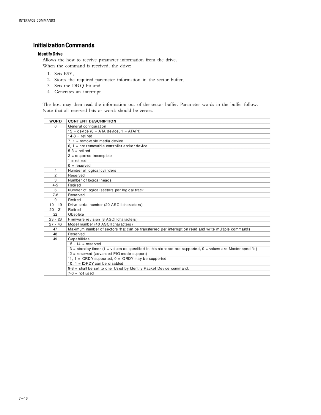 Maxtor 2B020H1, 2B015H1, 2B010H1 manual InitializationCommands, Or D ENT Desc Ription 