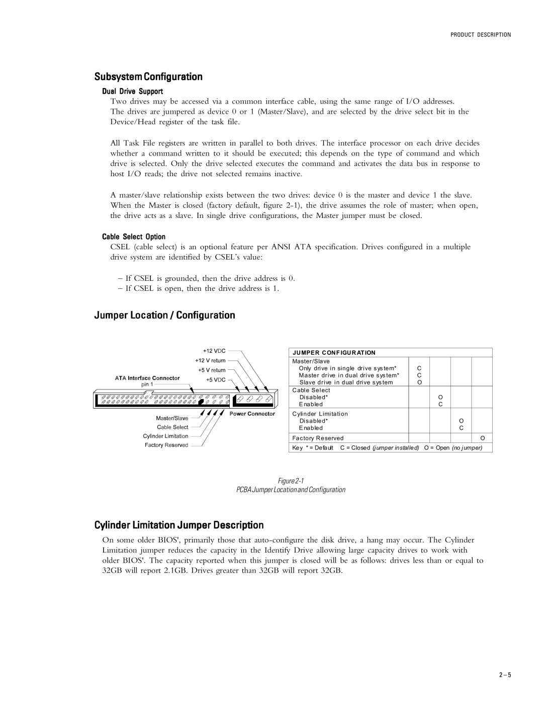 Maxtor 2R015H1, 2R010H1 SubsystemConfiguration, Jumper Location / Configuration, Cylinder Limitation Jumper Description 