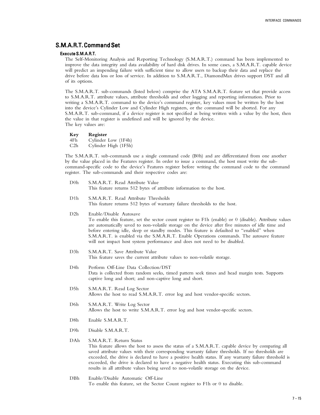 Maxtor 2R010H1, 2R015H1 specifications A.R.T. CommandSet, Key Register 