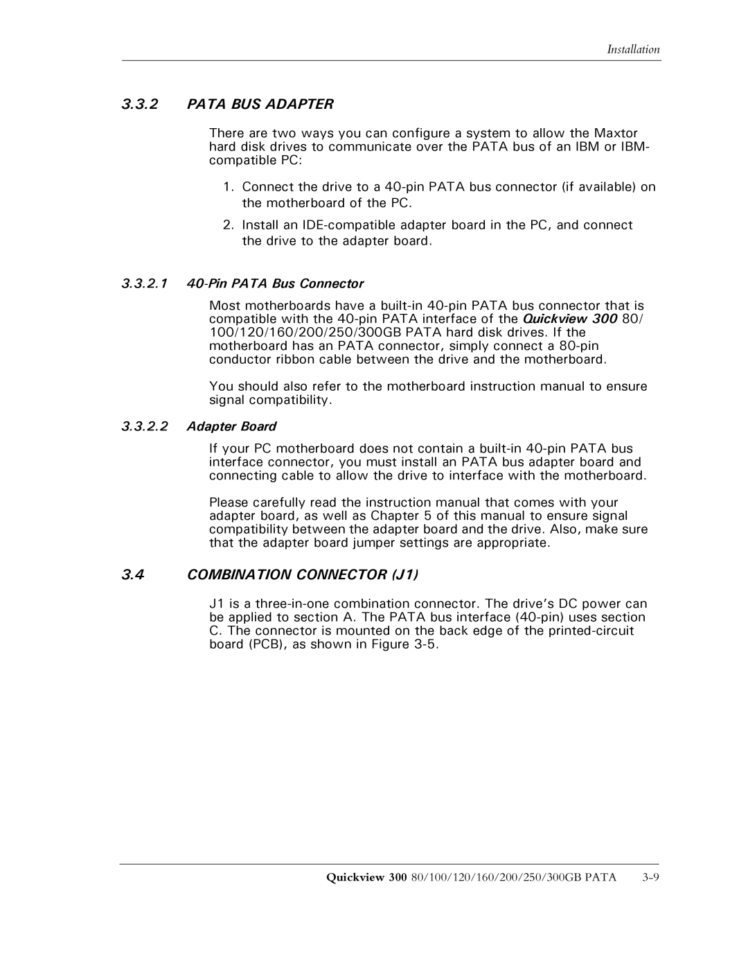 Maxtor 300 manual Pata BUS Adapter, Combination Connector J1, 2.1 40-Pin Pata Bus Connector, Adapter Board 