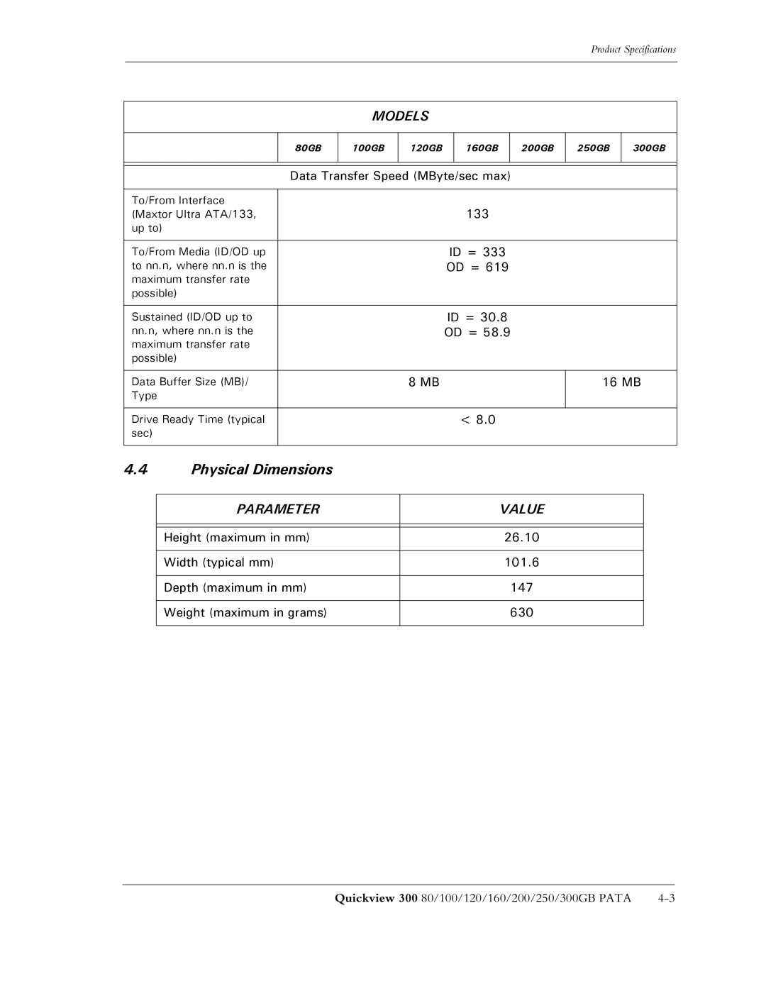 Maxtor 300 manual Physical Dimensions, Parameter Value 