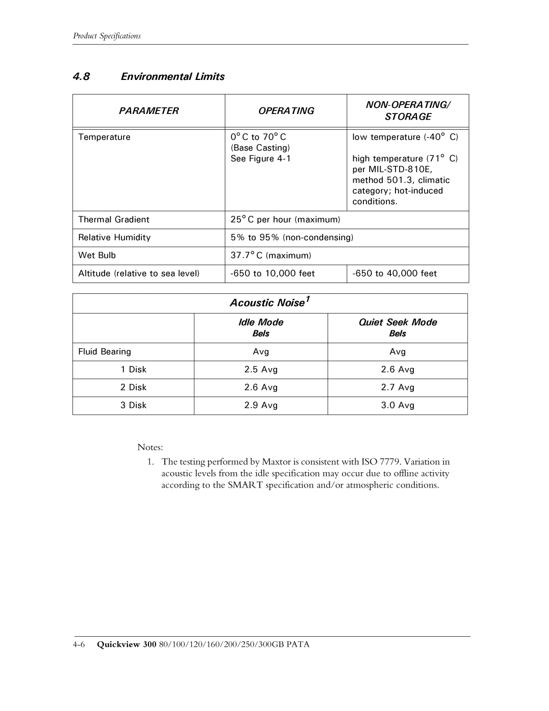 Maxtor 300 manual Environmental Limits, Acoustic Noise1 