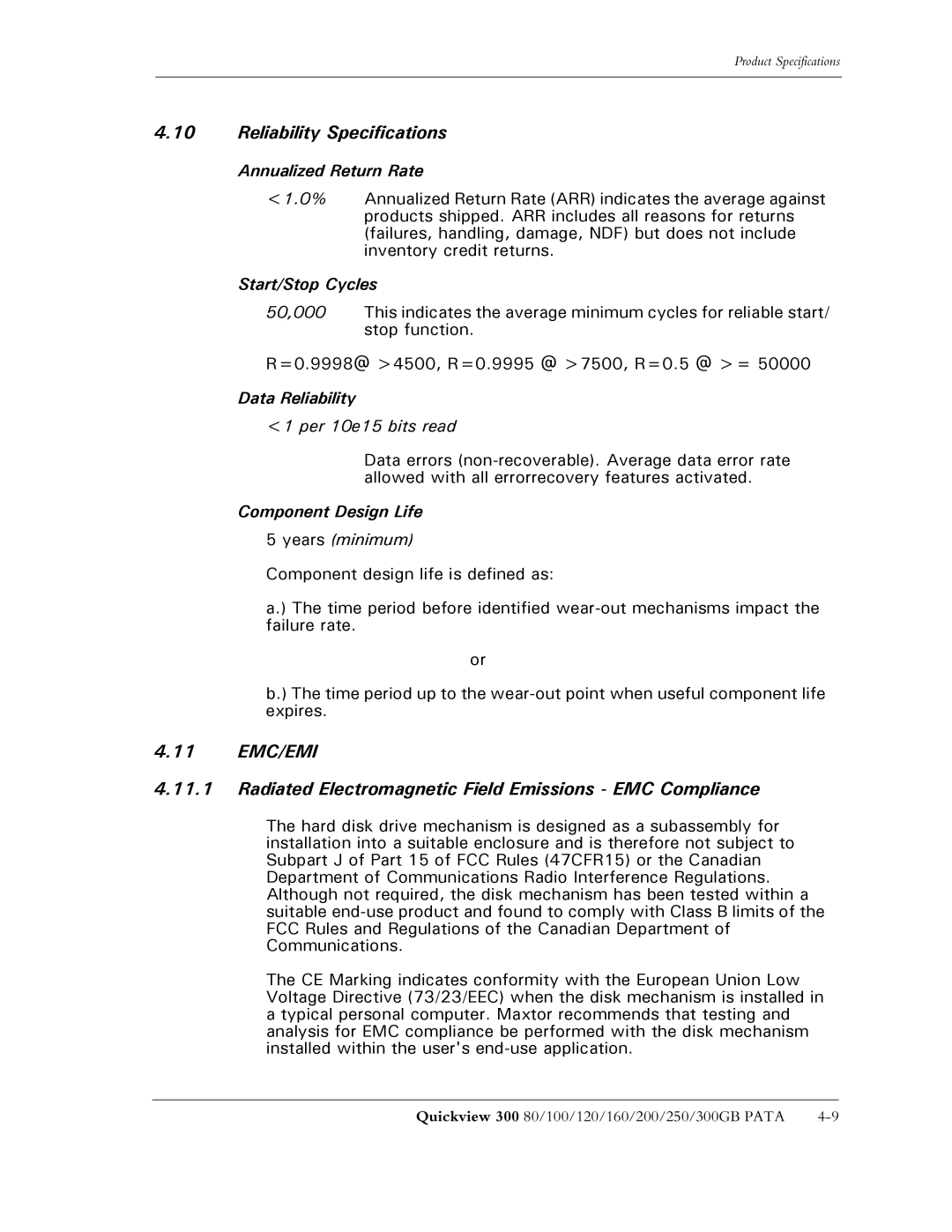 Maxtor 300 Reliability Specifications, Annualized Return Rate, Start/Stop Cycles, Data Reliability, Component Design Life 