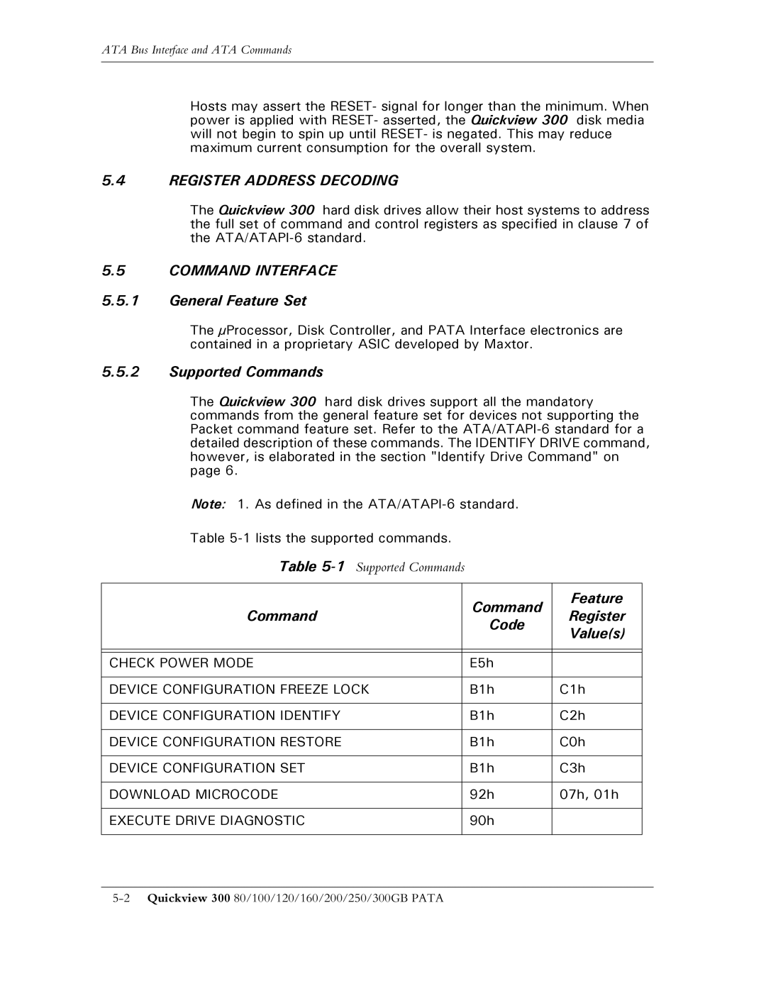 Maxtor 300 manual Register Address Decoding, Command Interface, General Feature Set, Supported Commands 