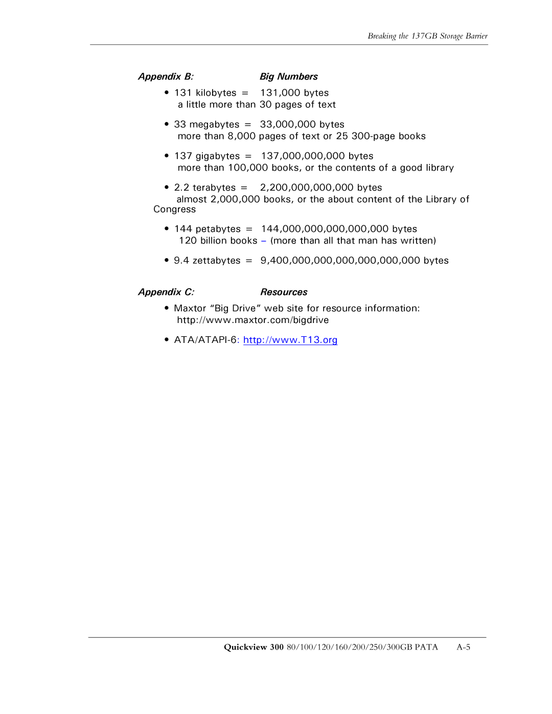 Maxtor 300 manual Appendix B Big Numbers, Appendix C 