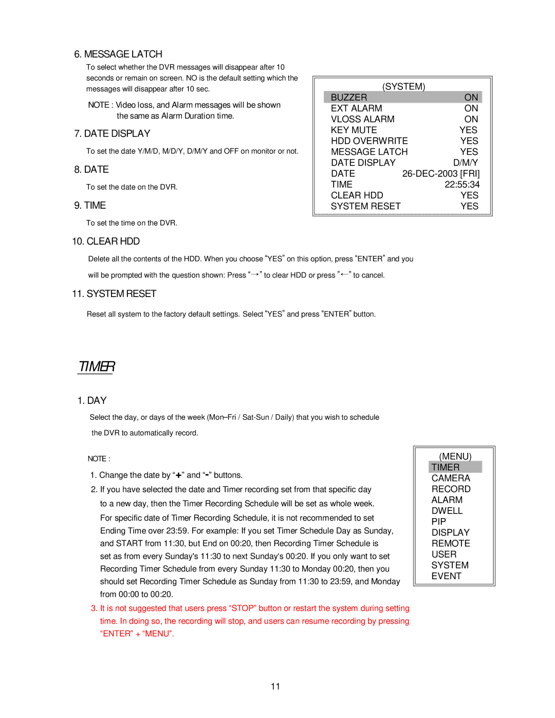 Maxtor 4 CH user manual Timer 