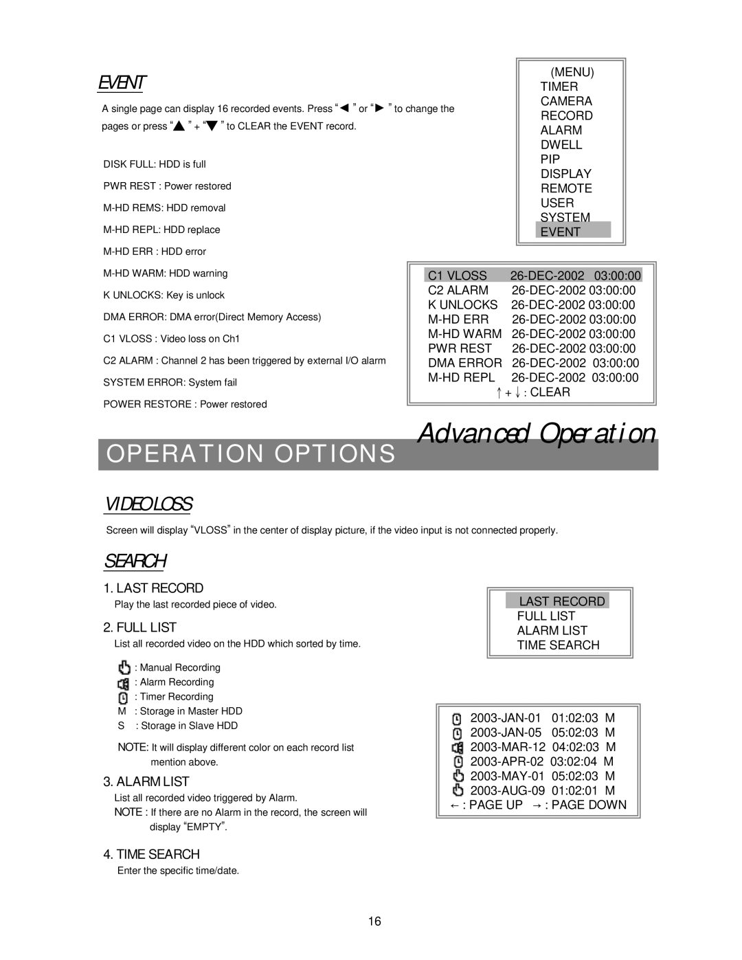 Maxtor 4 CH user manual Event, Video Loss, Search 