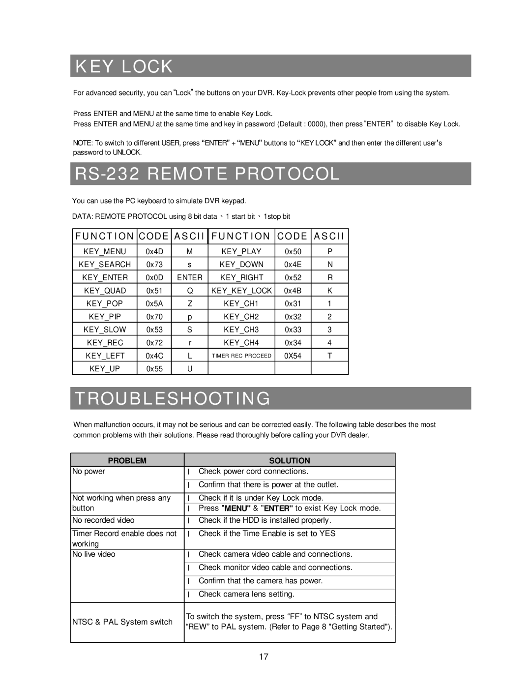 Maxtor 4 CH user manual KEY Lock, RS-232 Remote Protocol, Troubleshooting 