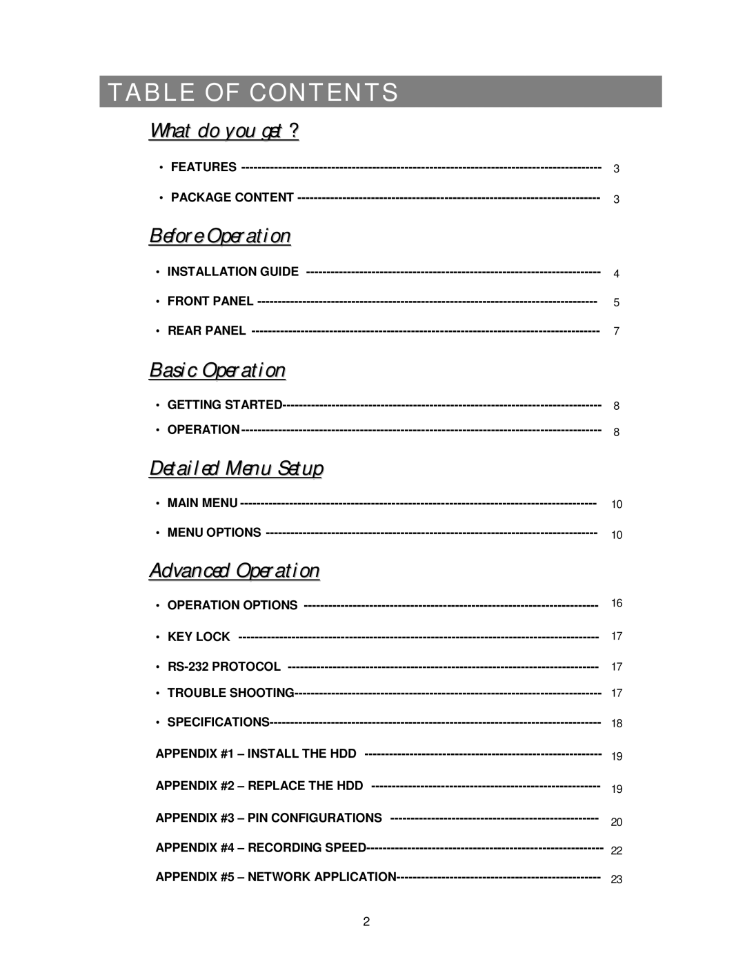 Maxtor 4 CH user manual Table of Contents, Advanced Operation 