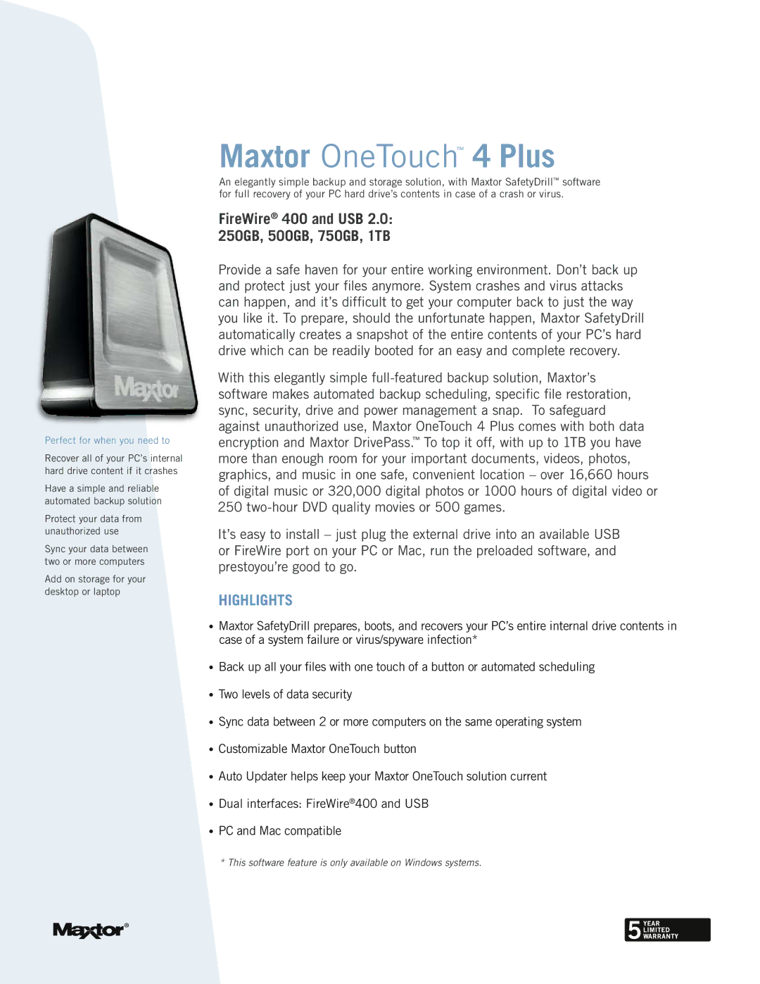 Maxtor OT4, STM310004OTA3E5-RK, STM310004OTB3E5-RK, STM307504OTB3E5-RK, STM302504OTB3E5-RK manual Maxtor OneTouch 4 Plus 