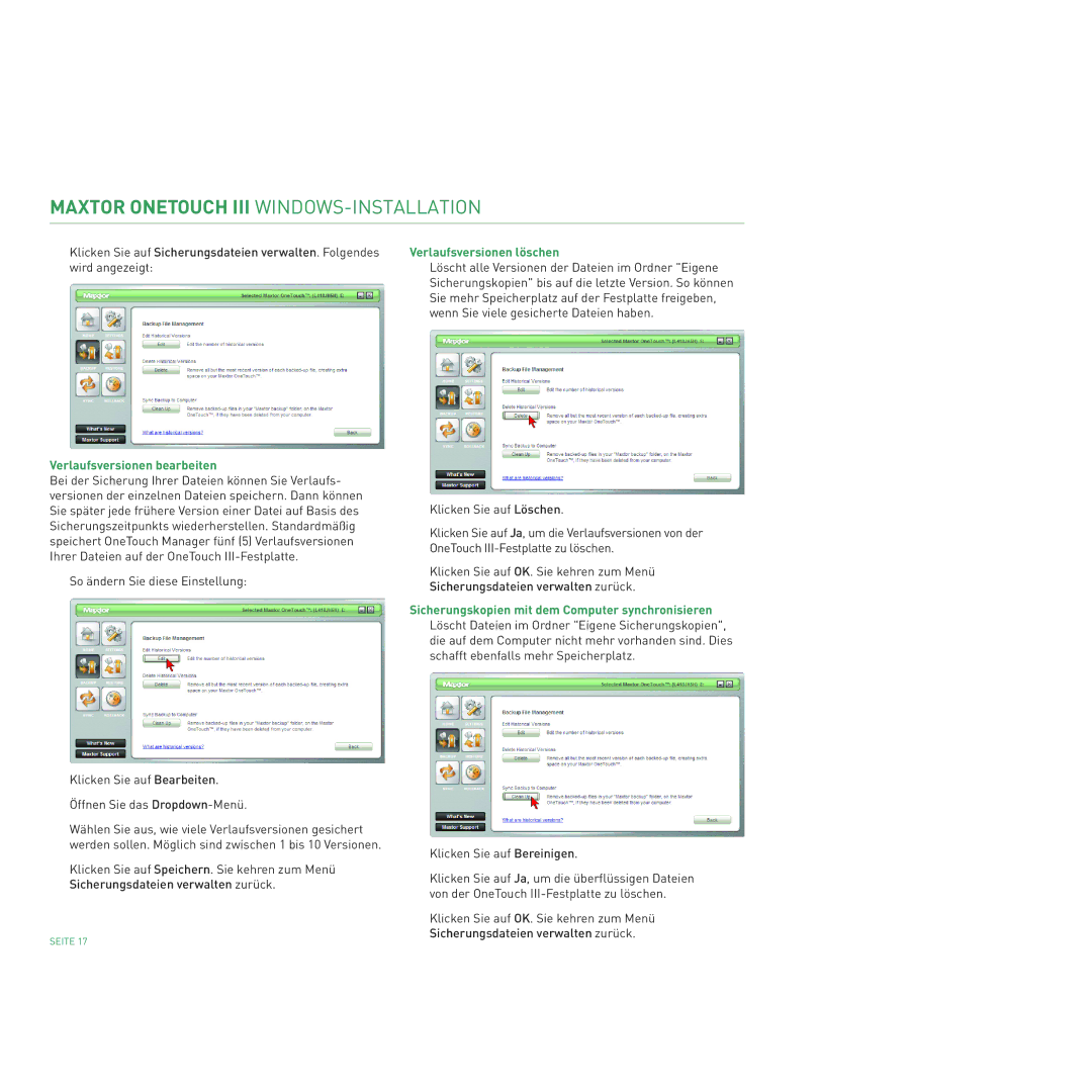 Maxtor 400 Verlaufsversionen bearbeiten, Verlaufsversionen löschen, Sicherungskopien mit dem Computer synchronisieren 