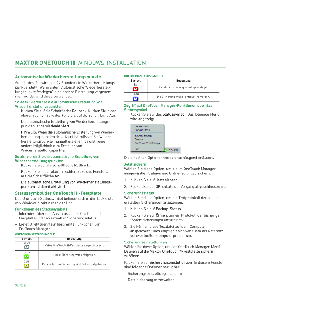 Maxtor 400 manual Automatische Wiederherstellungspunkte, Statussymbol der OneTouch III-Festplatte 