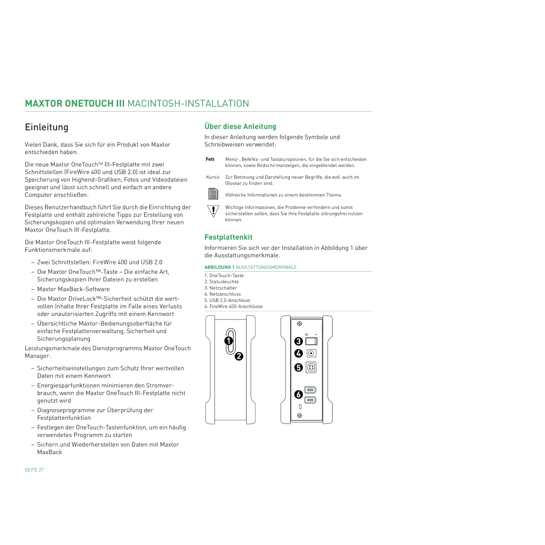 Maxtor 400 manual Maxtor Onetouch III MACINTOSH-INSTALLATION 