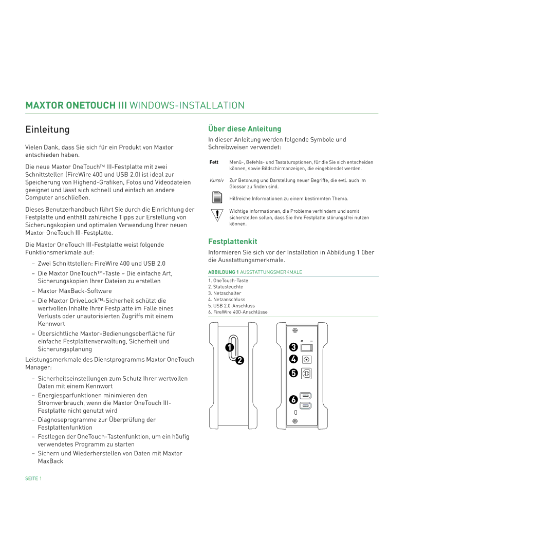 Maxtor 400 manual Über diese Anleitung, Festplattenkit 