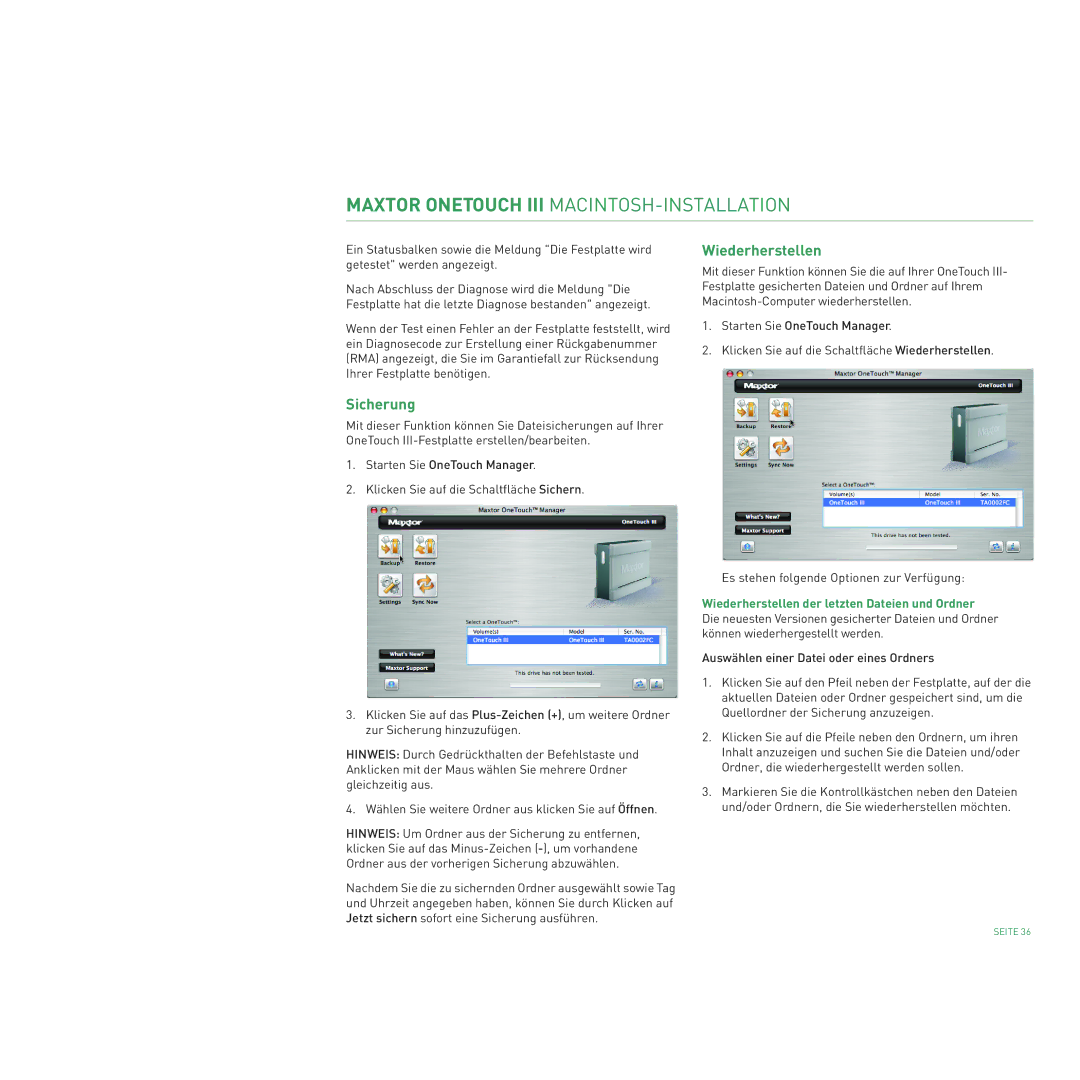 Maxtor 400 manual Sicherung, Wiederherstellen der letzten Dateien und Ordner 