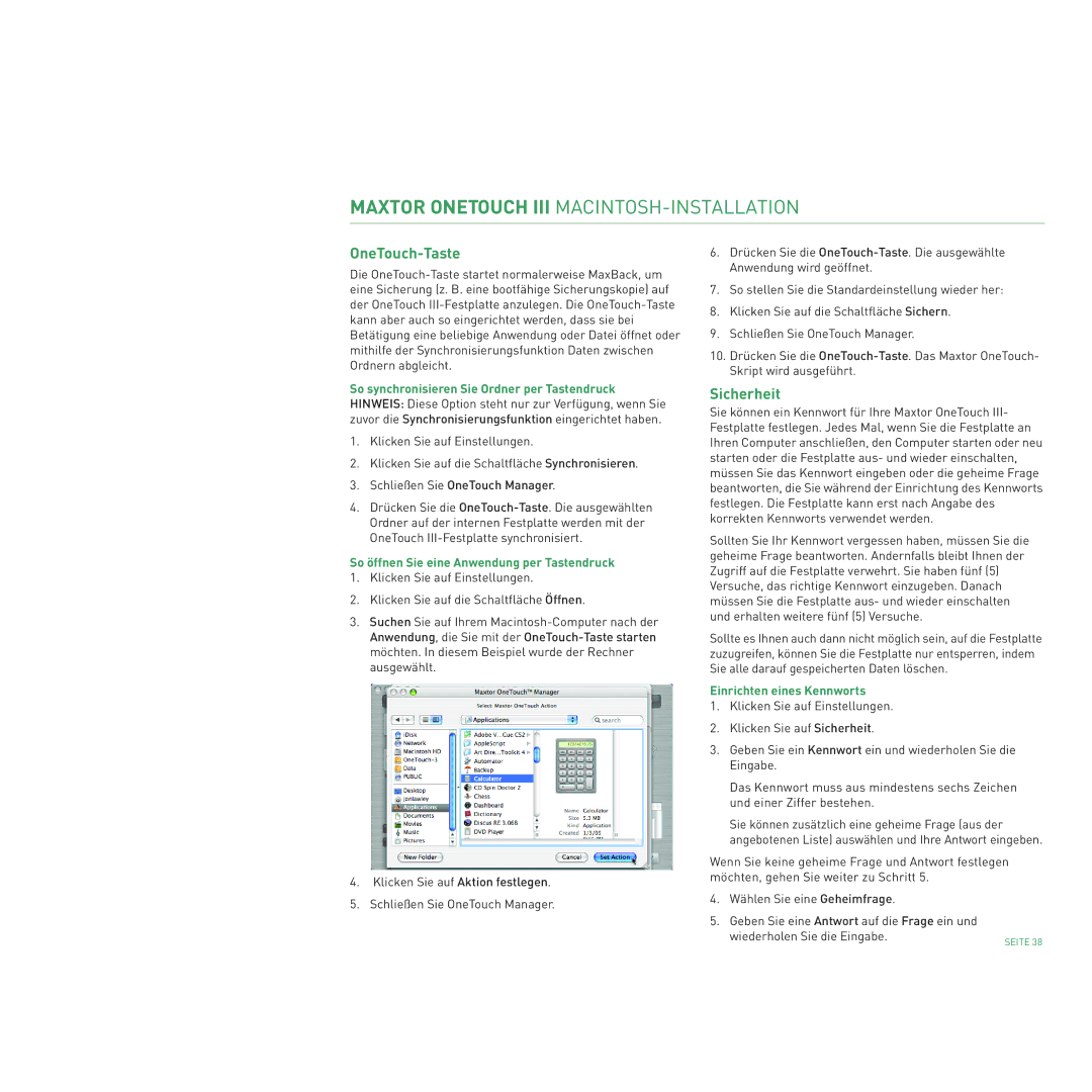 Maxtor 400 manual OneTouch-Taste, Sicherheit, So synchronisieren Sie Ordner per Tastendruck 