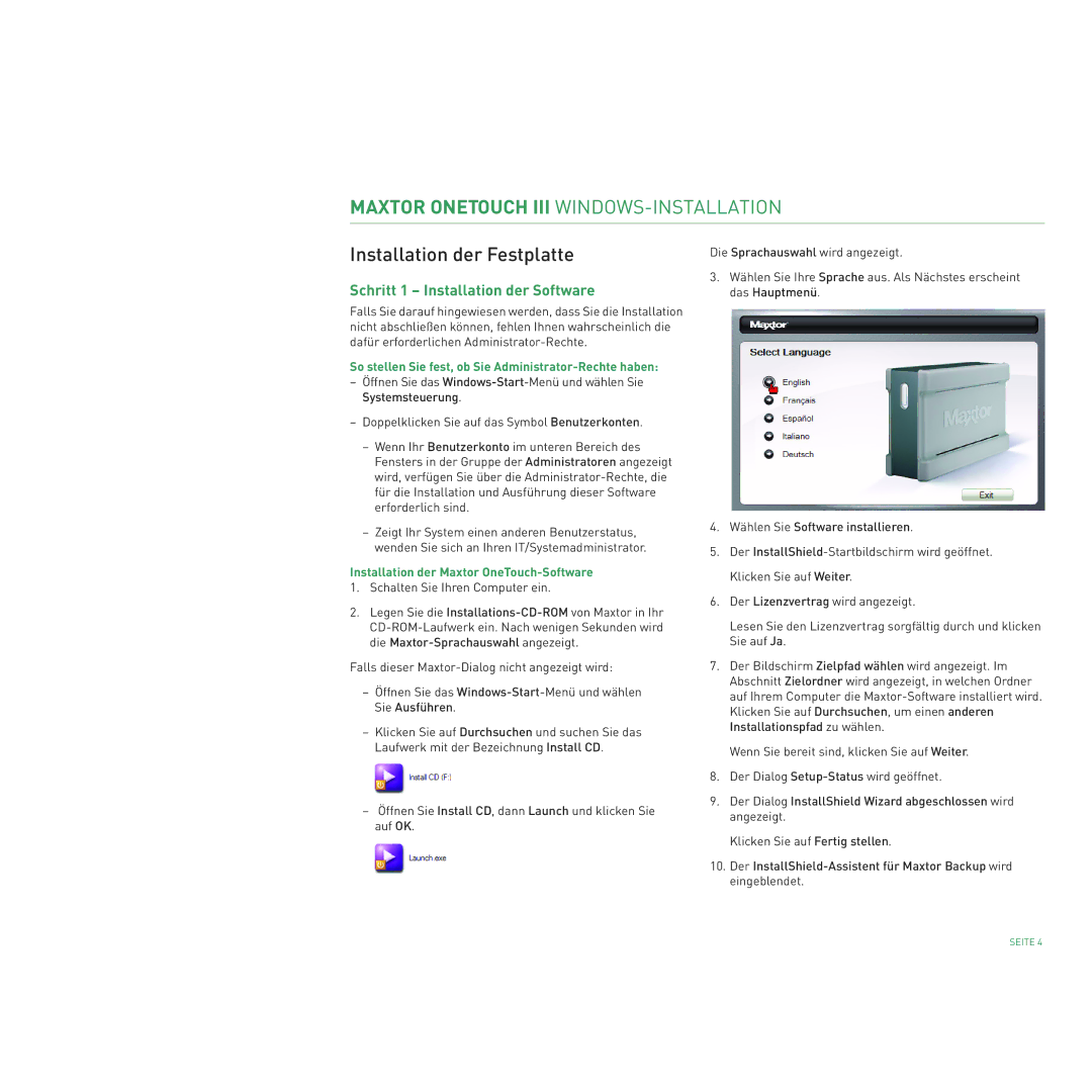 Maxtor 400 manual Schritt 1 Installation der Software, So stellen Sie fest, ob Sie Administrator-Rechte haben 