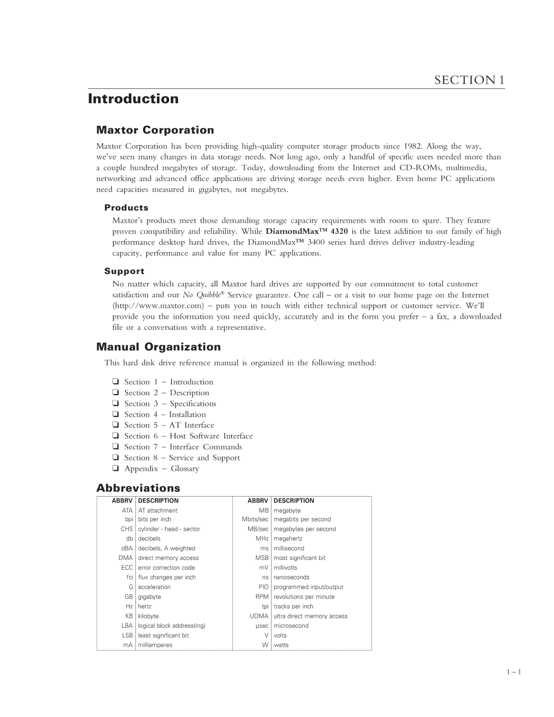 Maxtor 4320 manual Introduction, Maxtor Corporation, Manual Organization, Abbreviations 