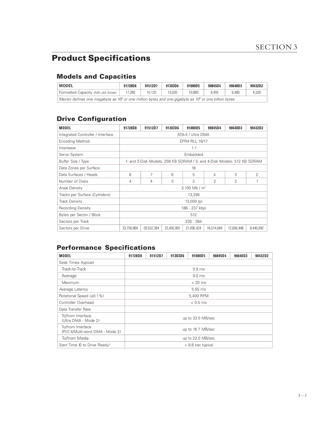 Maxtor 4320 manual Product Specifications, Models and Capacities, Drive Configuration, Performance Specifications 