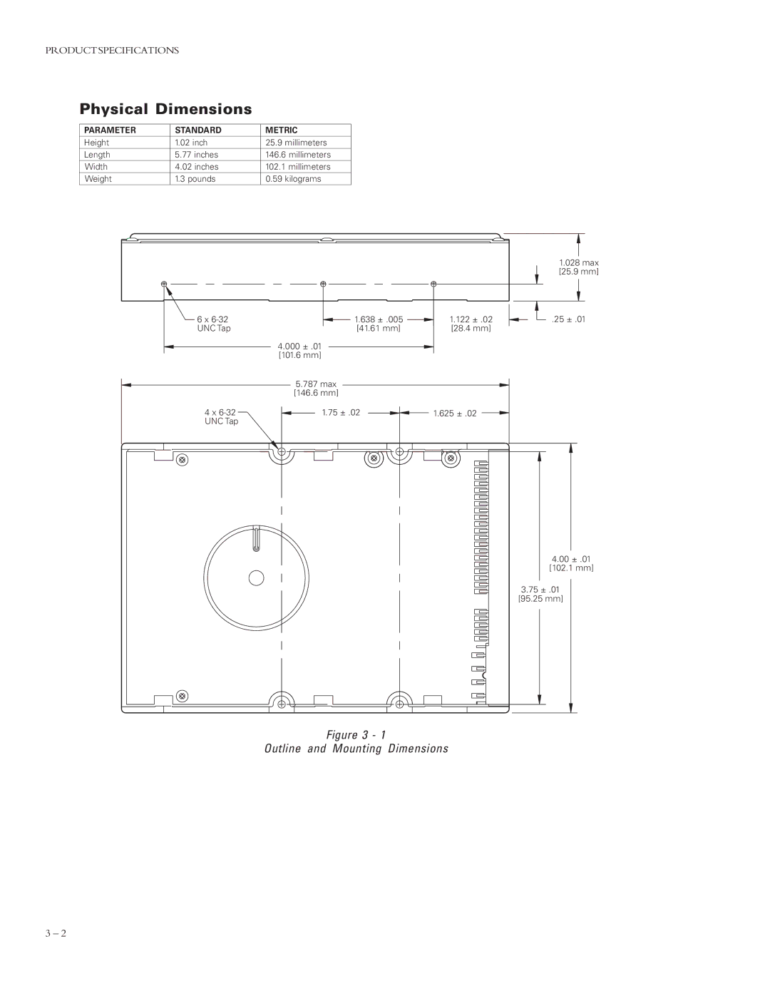 Maxtor 4320 manual Physical Dimensions, Parameter Standard Metric 