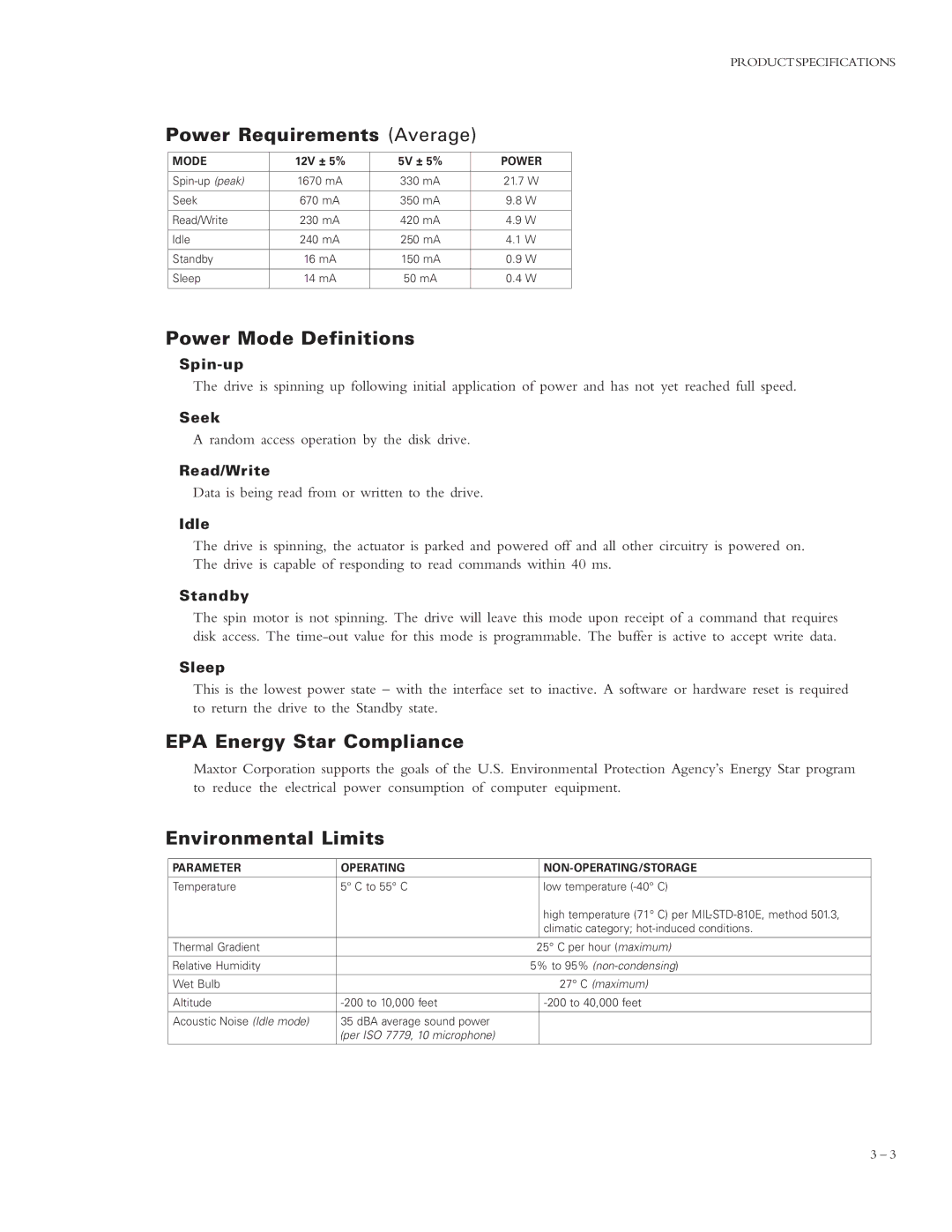 Maxtor 4320 manual Power Requirements Average, Power Mode Definitions, EPA Energy Star Compliance, Environmental Limits 