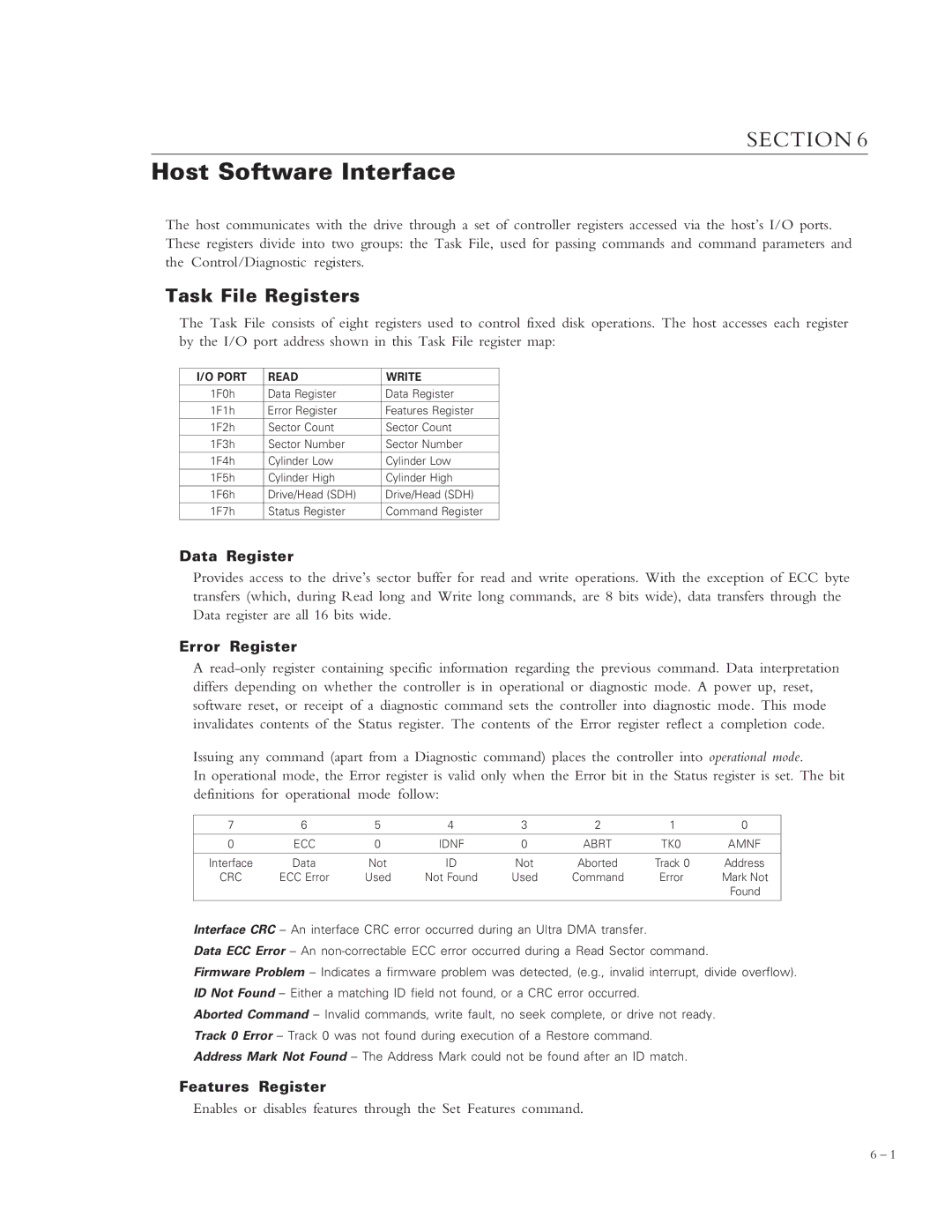 Maxtor 4320 manual Host Software Interface, Task File Registers, Data Register, Error Register, Features Register 