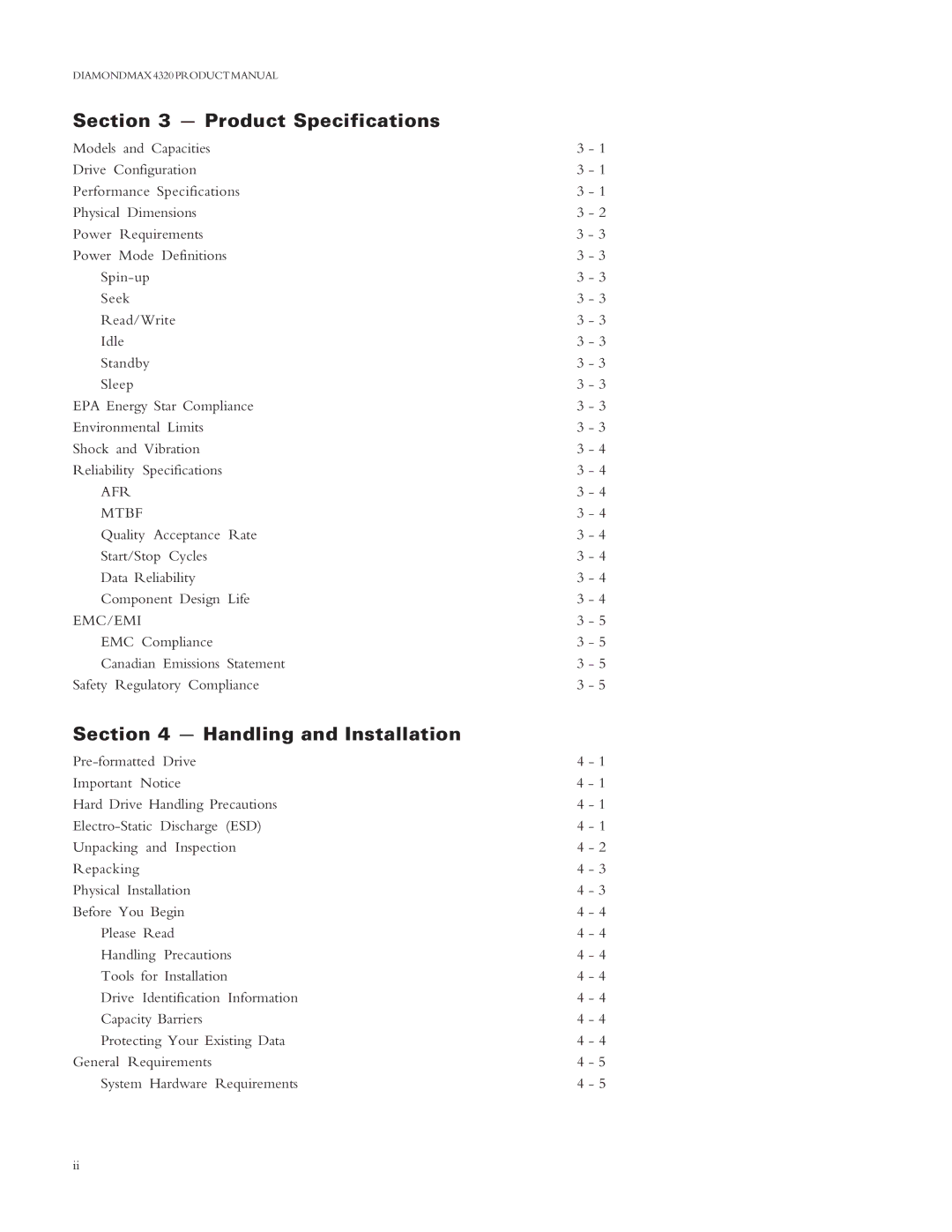 Maxtor 4320 manual Product Specifications, Handling and Installation 