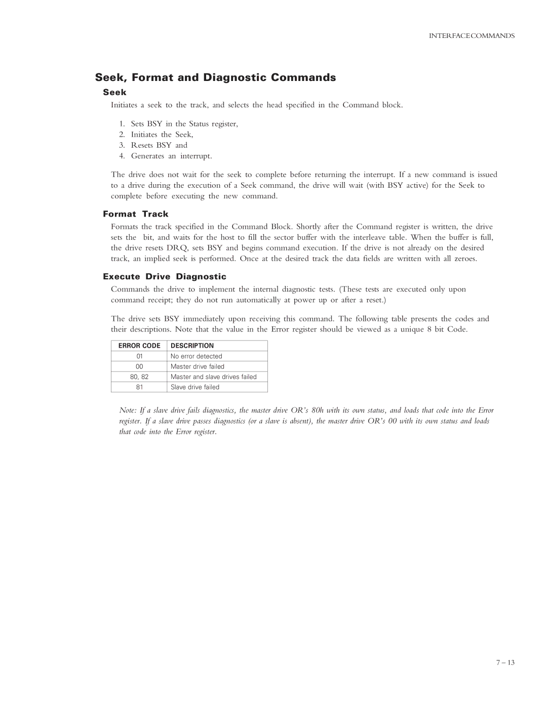 Maxtor 4320 manual Seek, Format and Diagnostic Commands, Format Track, Execute Drive Diagnostic, Error Code Description 