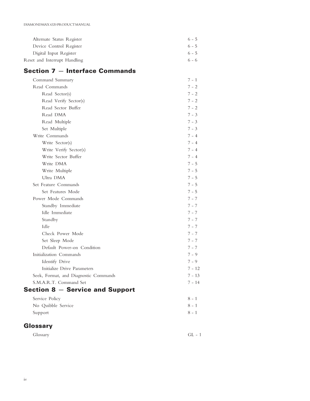 Maxtor 4320 manual Interface Commands, Service and Support, Glossary 