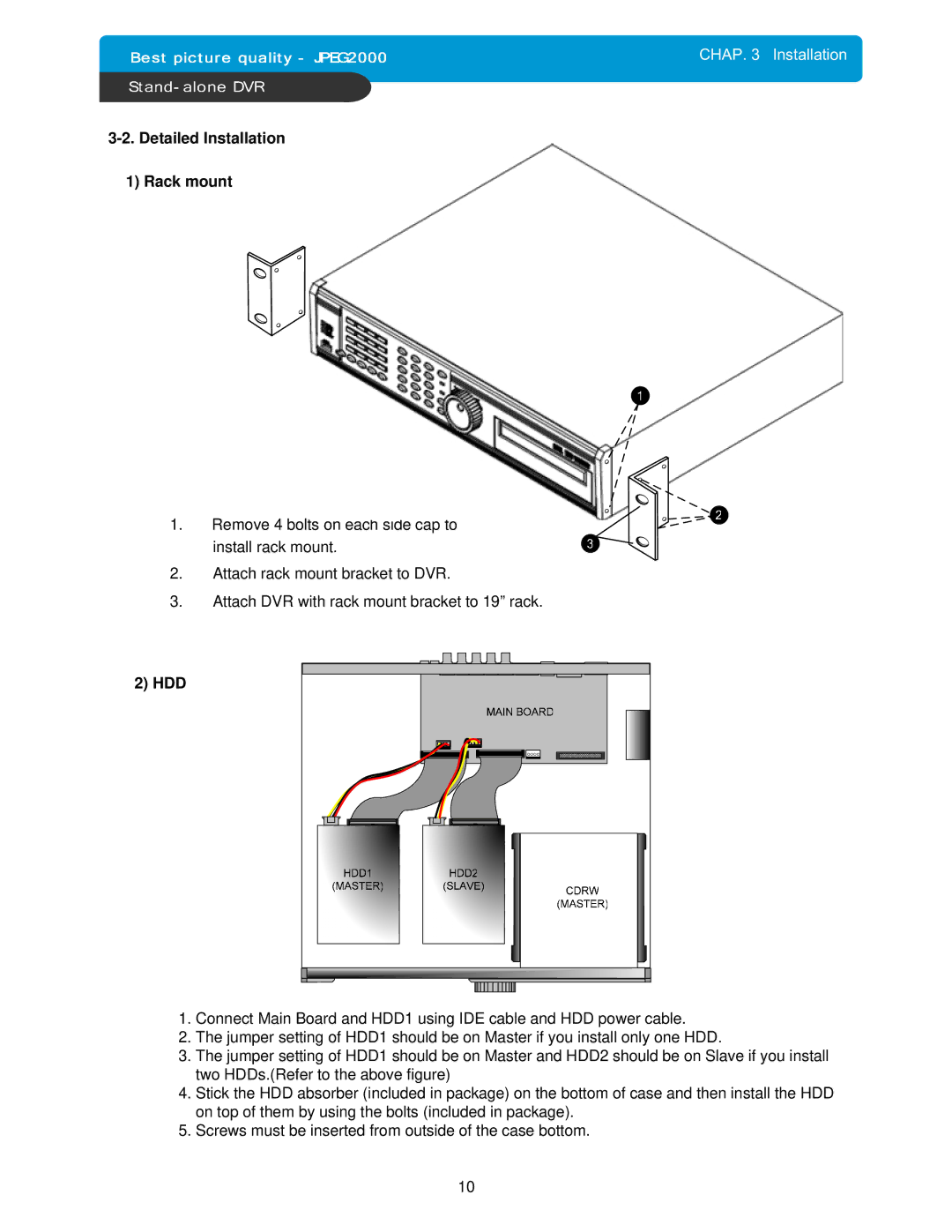 Maxtor 4Channel Stand-alone DVMR manual Detailed Installation Rack mount, Hdd 