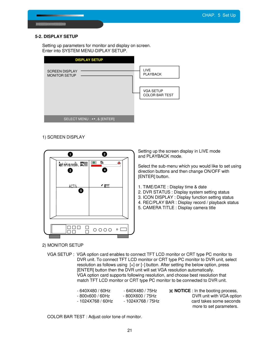 Maxtor 4Channel Stand-alone DVMR manual Display Setup, Screen Display, Monitor Setup 