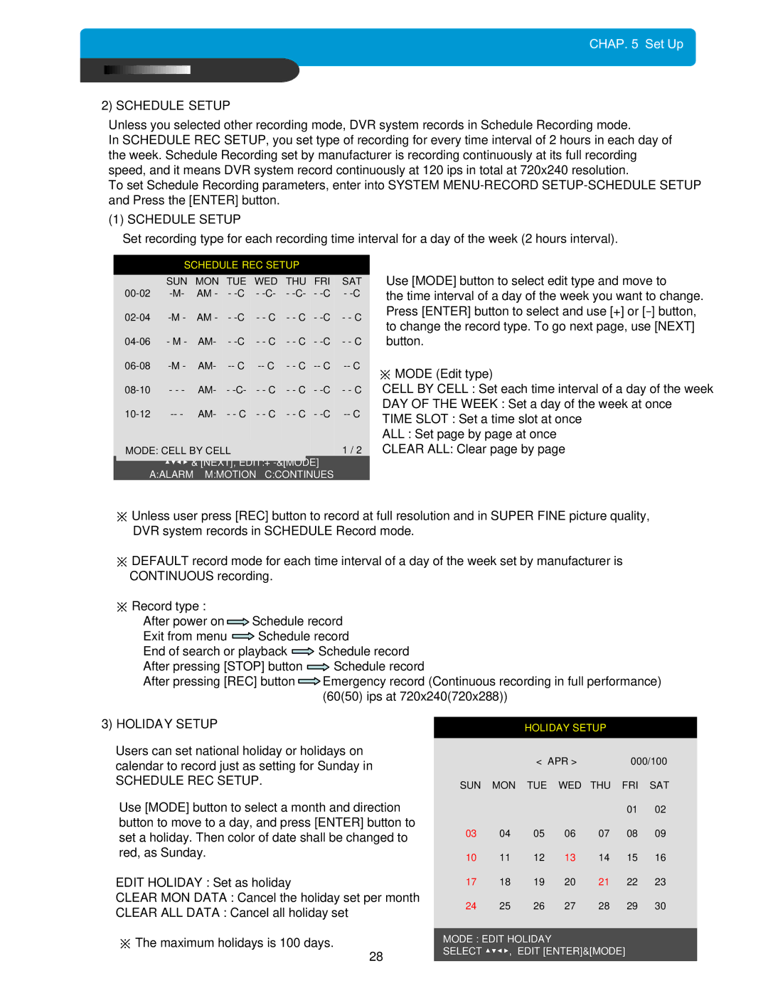 Maxtor 4Channel Stand-alone DVMR manual Schedule Setup, Holiday Setup, Schedule REC Setup 