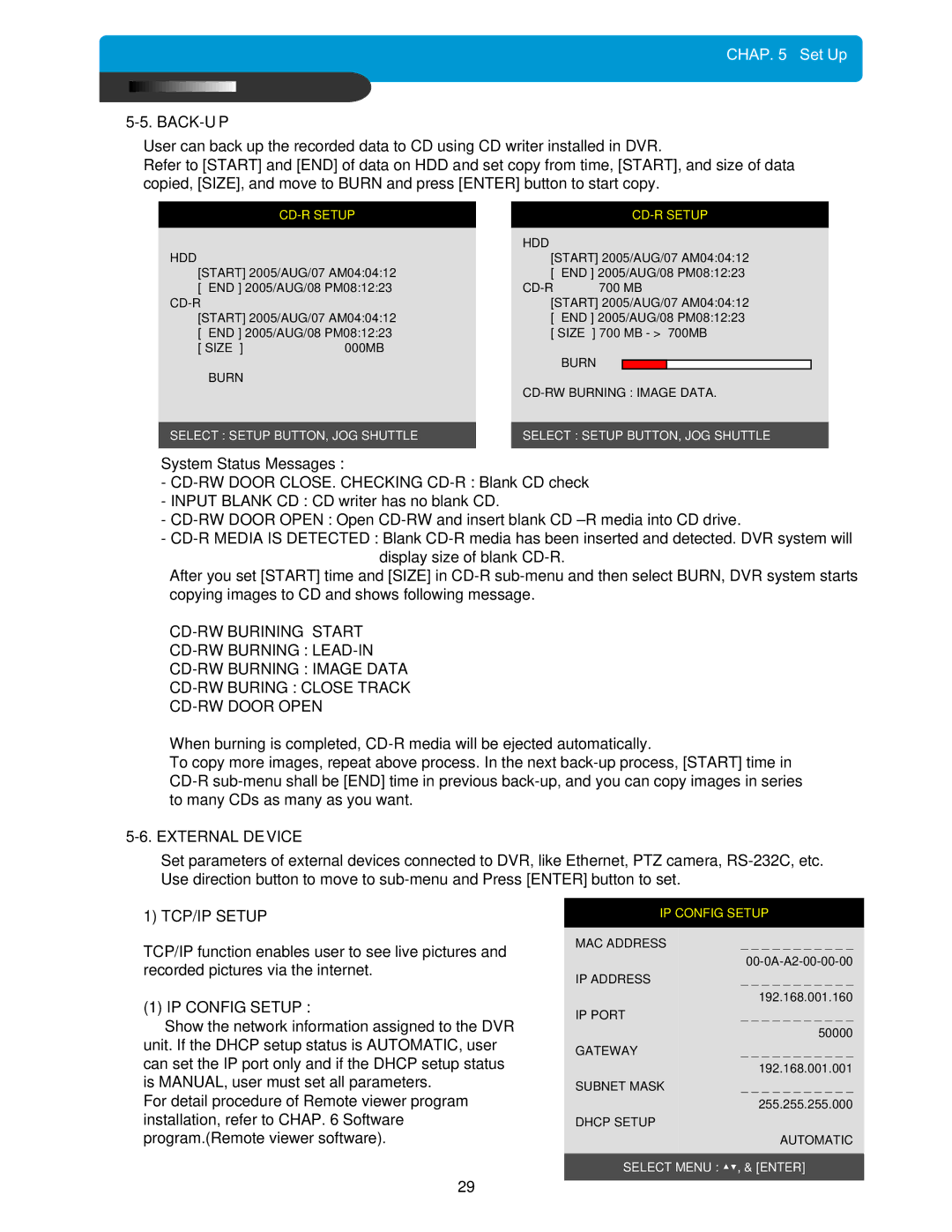 Maxtor 4Channel Stand-alone DVMR manual Back-Up, External Device, TCP/IP Setup, IP Config Setup 