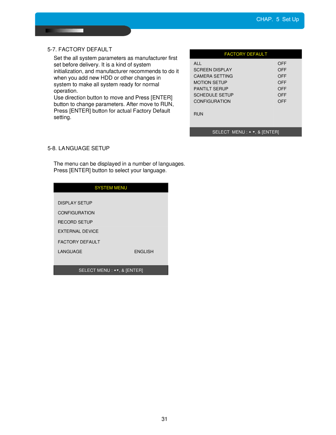 Maxtor 4Channel Stand-alone DVMR manual Factory Default, Language Setup 