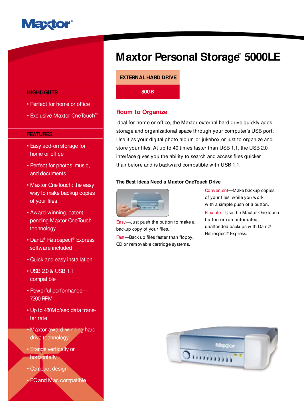 Maxtor R01J080 manual Maxtor Personal Storage 5000LE 