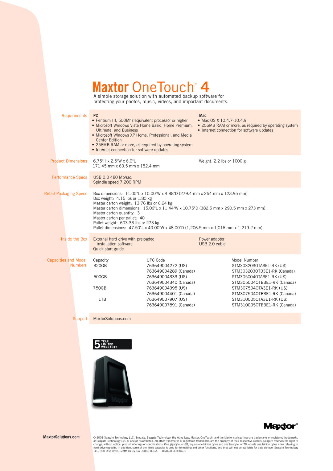 Maxtor STM310005OTA3E1-RK Maxtor OneTouch, Requirements, Product Dimensions, Performance Specs, Inside the Box, Numbers 