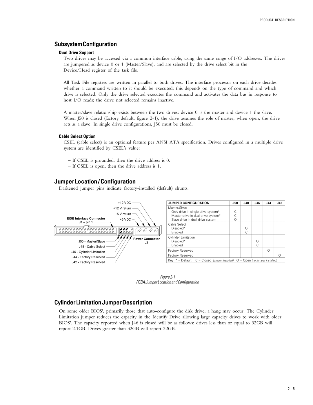 Maxtor 54098U8, 51024U2 SubsystemConfiguration, Jumper Location / Configuration, CylinderLimitationJumperDescription 