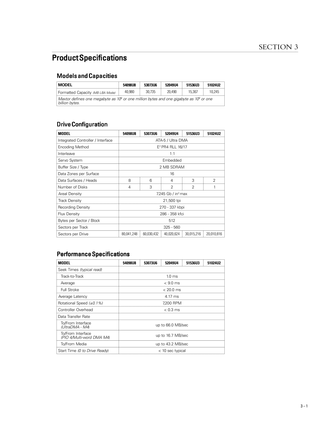 Maxtor 51024U2, 52049U4, 51536U3 ProductSpecifications, ModelsandCapacities, DriveConfiguration, PerformanceSpecifications 