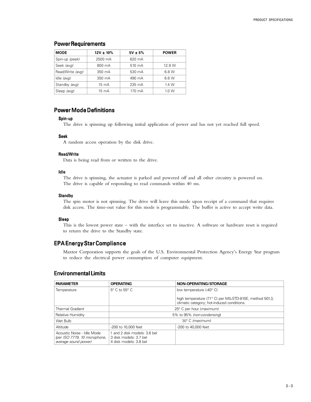 Maxtor 51536U3, 51024U2, 52049U4 PowerRequirements, PowerModeDefinitions, EPA Energy Star Compliance, EnvironmentalLimits 